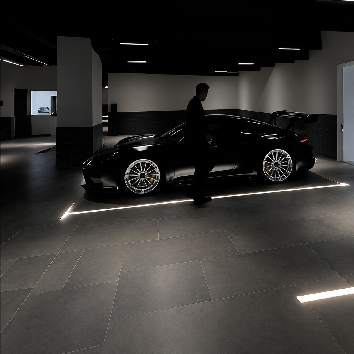 Dark sports car showroom